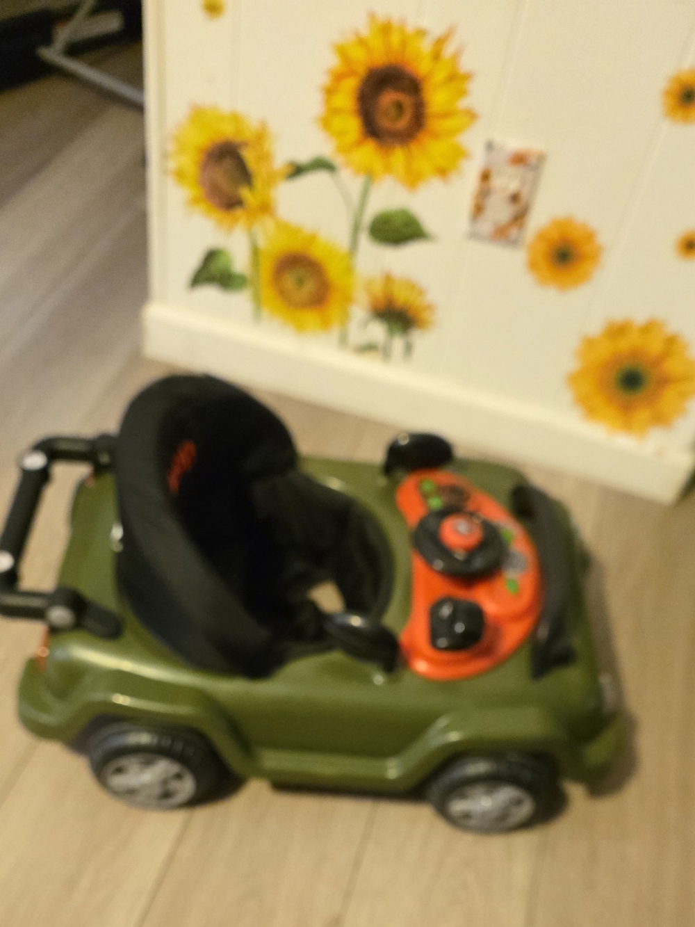 Kids Ride-On Car with Orange Dashboard and Olive Green Body